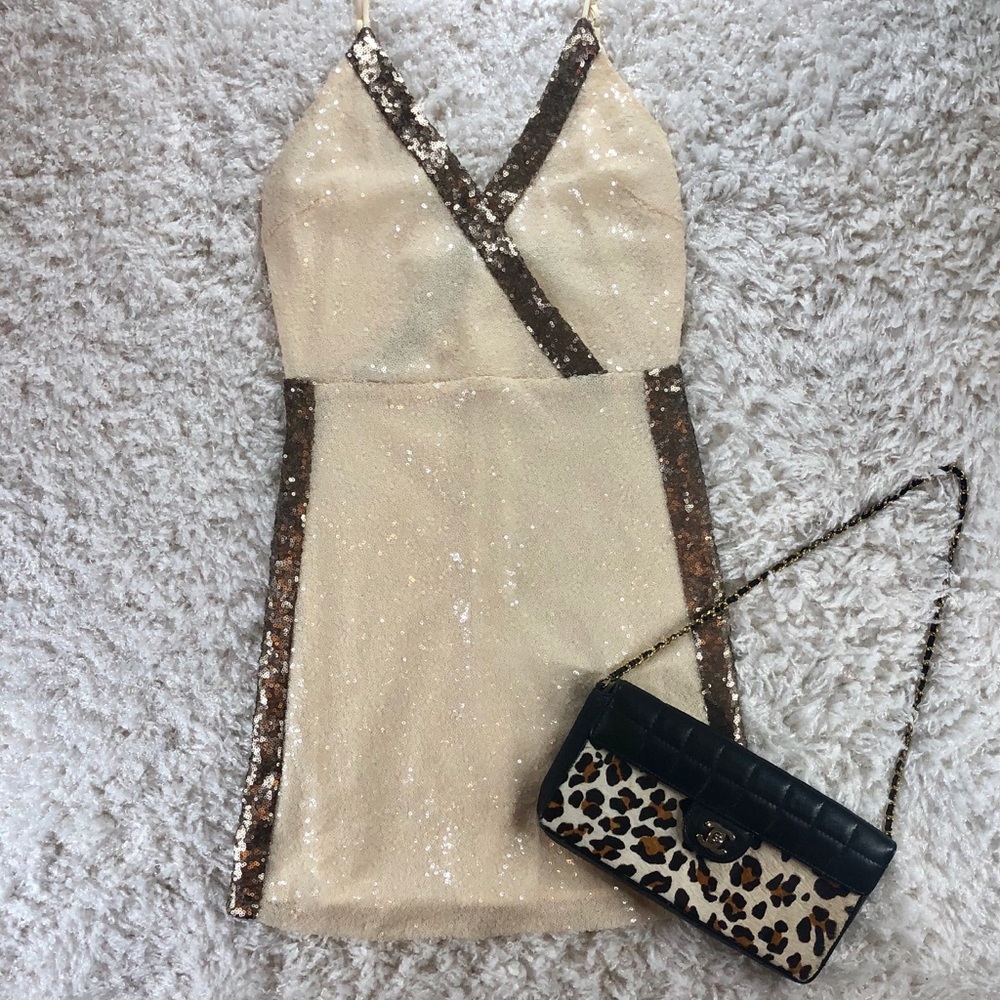 Gianni Bini Cream Sequin Prom Dress with Bronze Trim